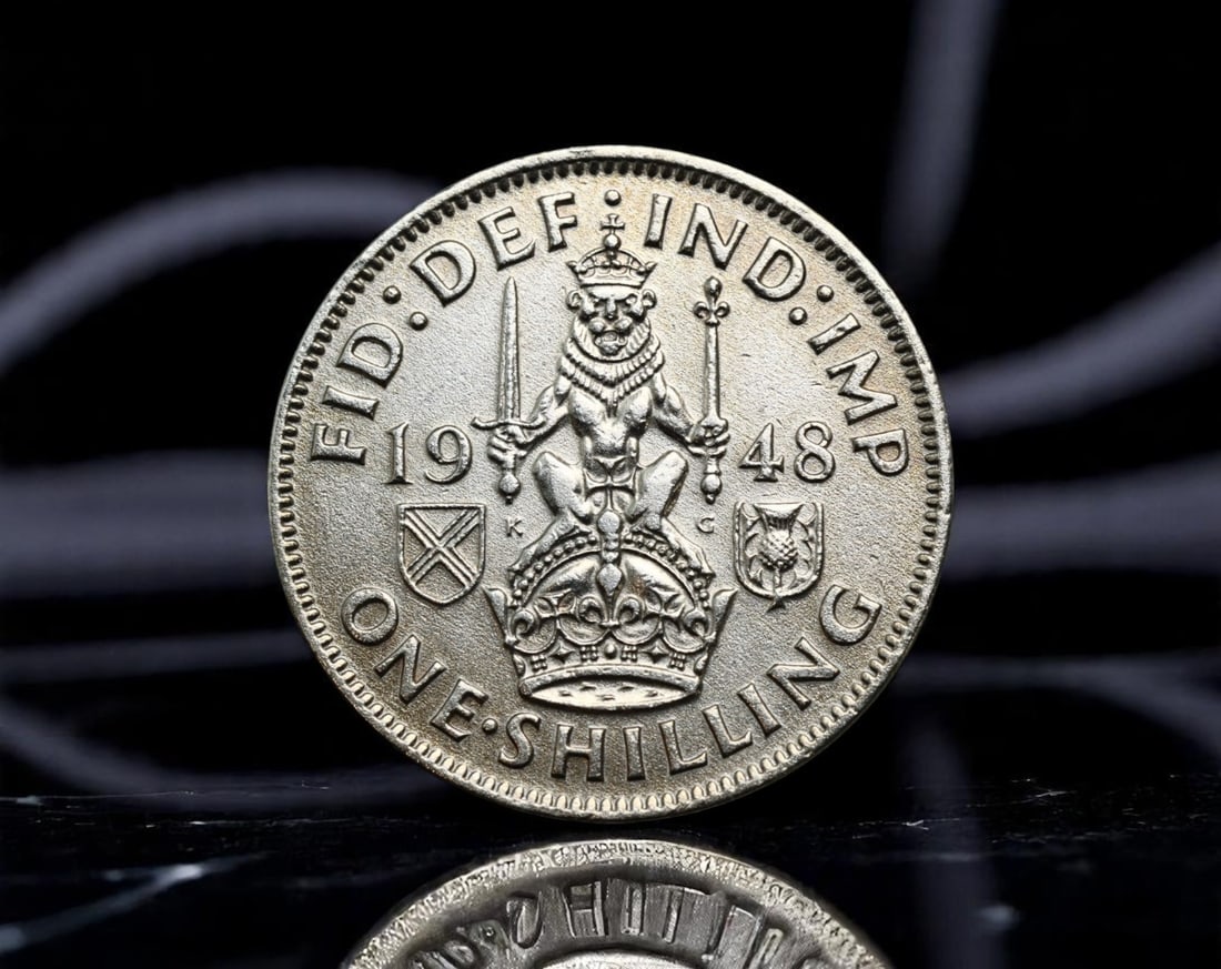 UNITED KINGDOM: George VI - Imperial Lion & Crown Scottish One Shilling Coin, 1948 K, 23mm: This 1948 one shilling coin from the post-war reign of George VI captures the enduring spirit of the British monarchy and Scotland's heraldic pride. The reverse features the crowned lion rampant-a tim