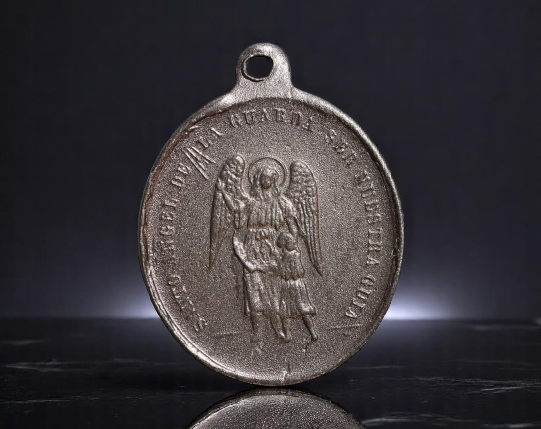 SPAIN: Angelic Protection - Santo Angel de la Guarda & San Blas Devotional Medal, 20th C, 26mm (1 of 2)