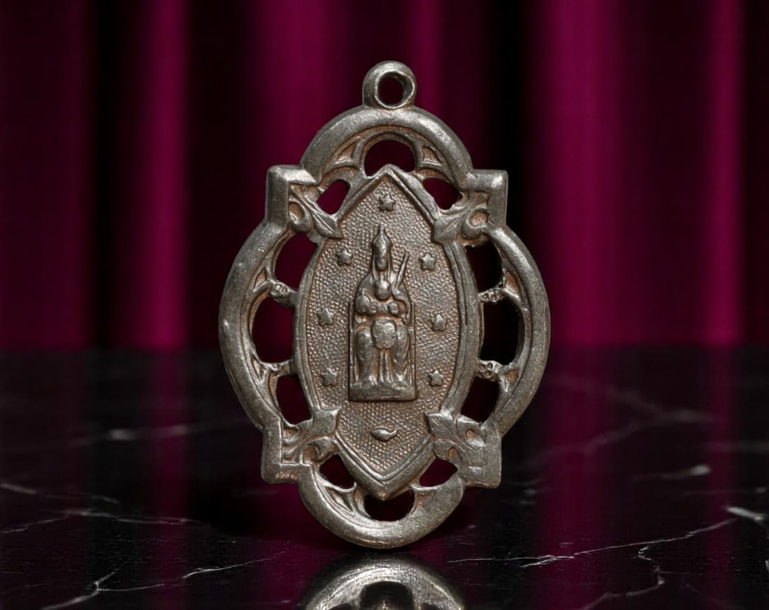 SPAIN/CATALONIA: Virgin of Montserrat - Black Madonna Openwork Devotional Medal Coin, c.1940s, 28mm: Struck with reverent precision, this finely pierced devotional medal honors Nuestra Senora de Montserrat, the beloved Black Madonna of Catalonia. The obverse features the iconic enthroned Virgin holdi