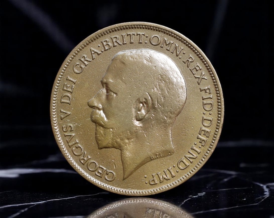 GREAT BRITAIN: King George V - Britannia and Imperial Unity One Penny Coin, 1915, 31mm: Issued amid the trials of World War I, this 1915 One Penny coin stands as a symbol of steadfastness and imperial solidarity. The obverse presents the somber, dignified portrait of King George V, whose