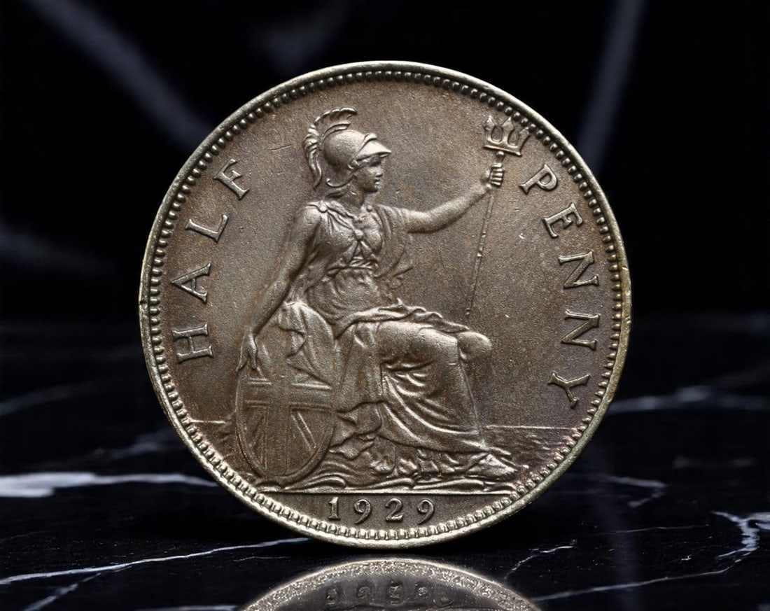 UNITED KINGDOM: George V - Britannia Imperial Unity Half Penny Coin, 1929, 25mm: Struck in the twilight of Britain's global empire, this 1929 Half Penny coin under King George V embodies both monarchic continuity and maritime strength. The obverse bears the refined portrait of Geo