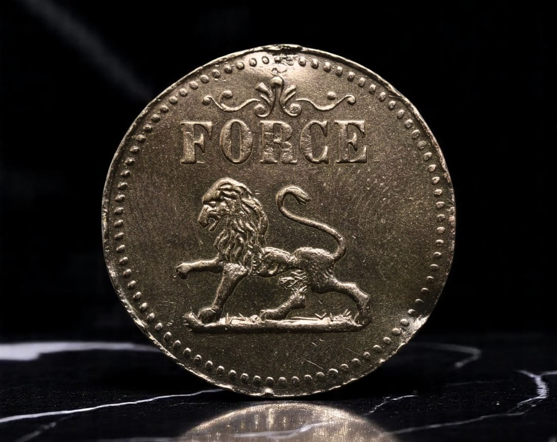 FRANCE: Revolutionary Ideals - 'Force et Honneur' Symbolic Jeton, c.1790s, 25mm: Echoing the fervor of revolutionary France, this evocative 25mm jeton immortalizes two defining republican virtues: Force and Honneur. On one side, a vigilant lion strides beneath the bold inscription