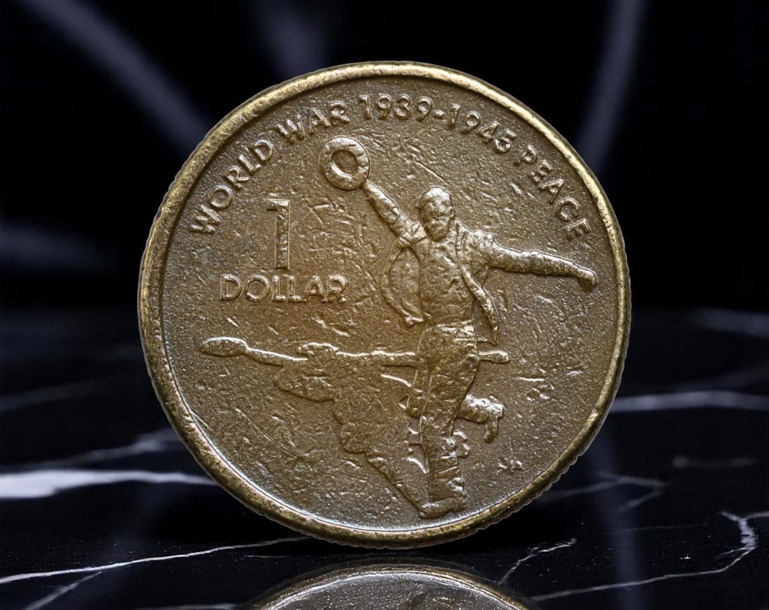 AUSTRALIA: World War II Peace Commemoration - 1 Dollar Coin, 2005, 24mm: Issued in 2005 to mark the 60th anniversary of the end of World War II, this circulating Australian USD1 coin features a poignant depiction of a soldier with arms raised-symbolizing the return of peac