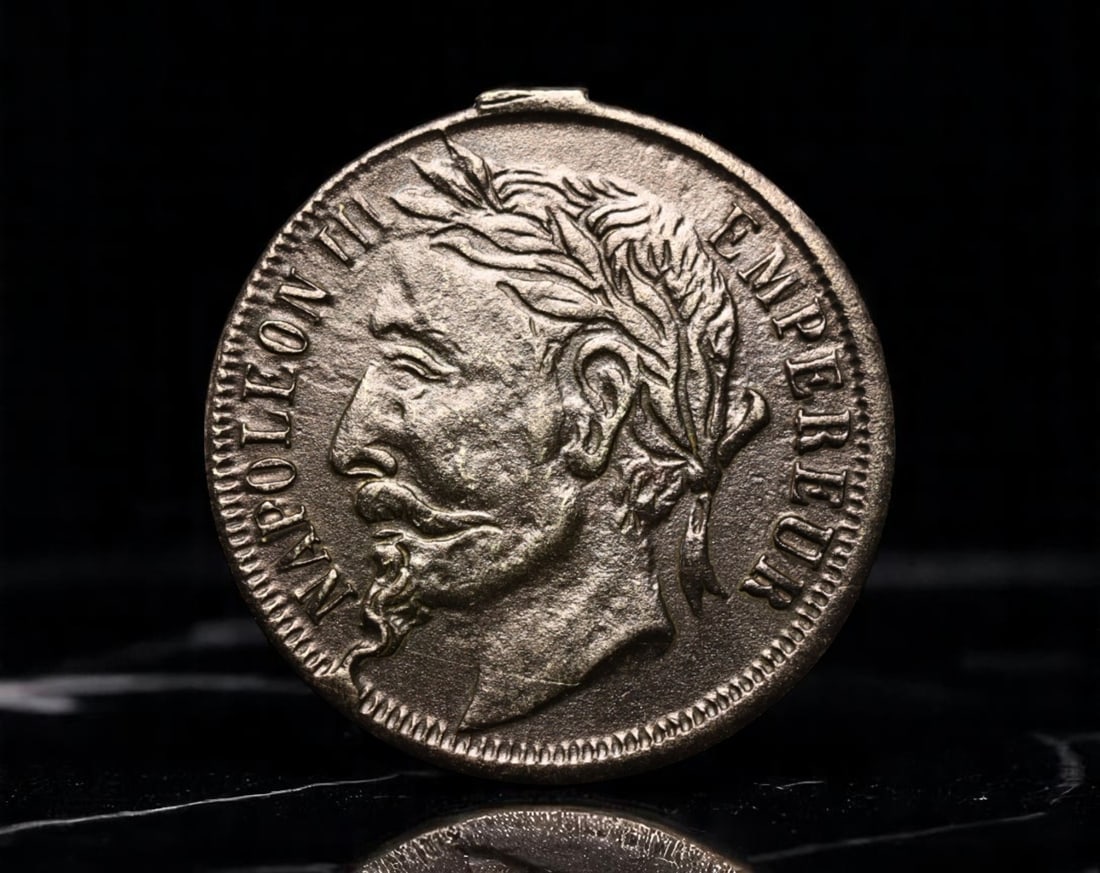 FRANCE: Napoleon III - Imperial Portrait Charm Token, ca. 1850s, 18mm: Struck during the height of the Second Empire, this compact 18mm token honors the authoritative image of Napoleon III, whose laurel-crowned profile appears in high relief. The piece was likely intende