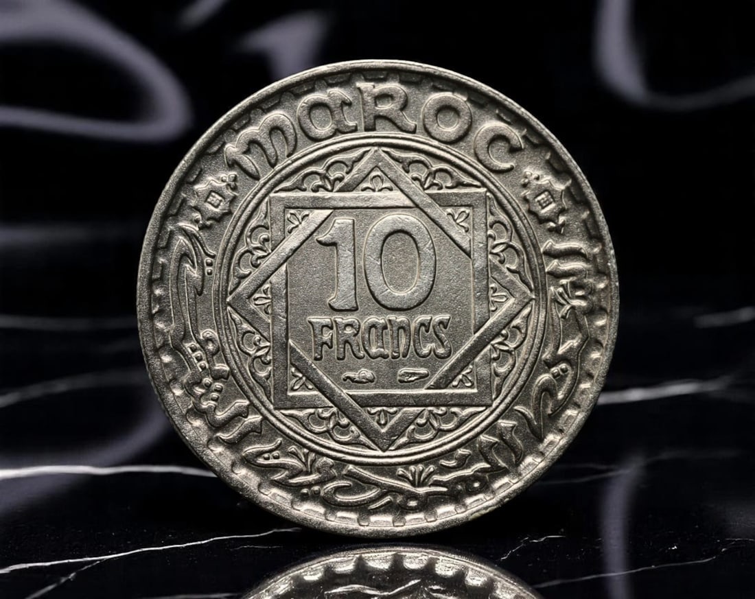 MOROCCO: Imperial Ornamentation - Sherifian Empire 10 Francs Coin, 1366 AH (1947 AD), 25mm: A richly detailed emblem of Morocco's late colonial-era sovereignty, this 10 Francs coin from the Sherifian Empire was issued during the reign of Sultan Mohammed V. The focal motif is the ornate Seal 