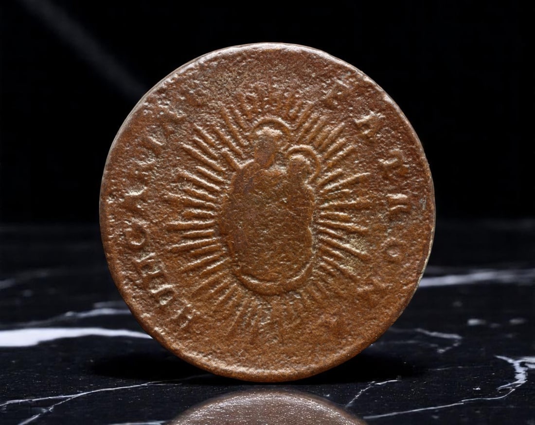 HUNGARY: Maria Theresa - Radiant Madonna Denar Coin, 1763, 23mm: Struck in 1763 under the reign of the formidable Maria Theresa, this evocative 23mm copper denar expresses both imperial authority and divine guardianship through deeply symbolic imagery. The obverse 