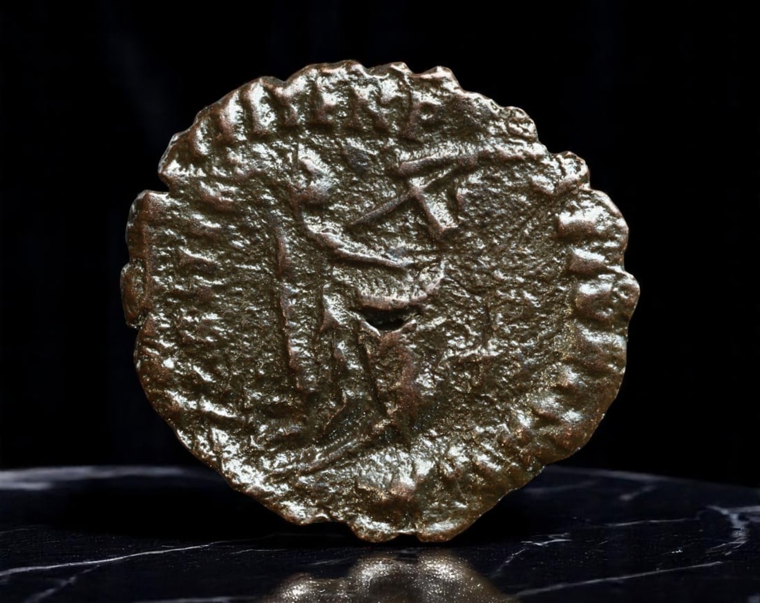 ROMAN EMPIRE: Ancient AE Coin Bronze Issue, 18mm: Issued during one of the most transformative epochs of the Roman Empire, this bronze coin embodies the endurance and adaptability of Roman statecraft across centuries. Its compact flan and timeworn su
