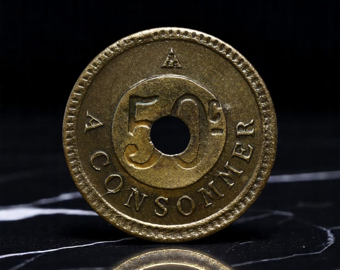 FRANCE: Puits d'Or - Casino Consumption Token 50 Cents, ND, 19mm: A charming relic from the golden age of French leisure, this brass token was issued by the famed 'Puits d'Or' (Gold Well), a gaming or social establishment. Embossed with the value "50 C" and inscribe