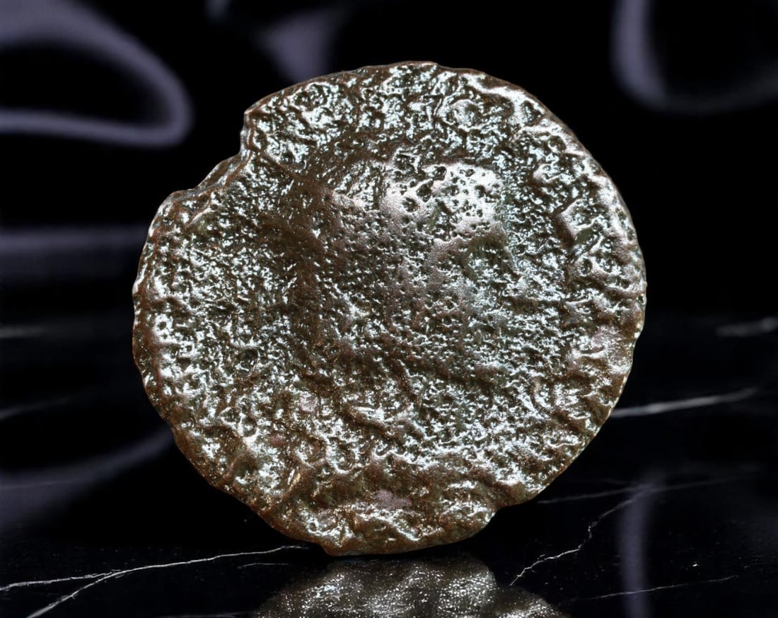 ROMAN EMPIRE: Ancient AE Coin Bronze Issue, 20mm: Issued during one of the most transformative epochs of the Roman Empire, this bronze coin embodies the endurance and adaptability of Roman statecraft across centuries. Its compact flan and timeworn su