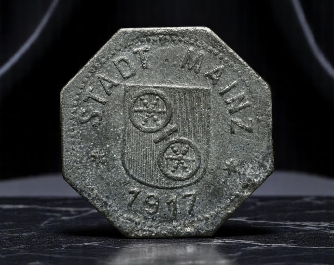 GERMANY: Wartime Necessity - Stadt Mainz Iron 10 Pfennig Coin, 1917, 8-Angled Emergency Issue, 22mm (1 of 2)