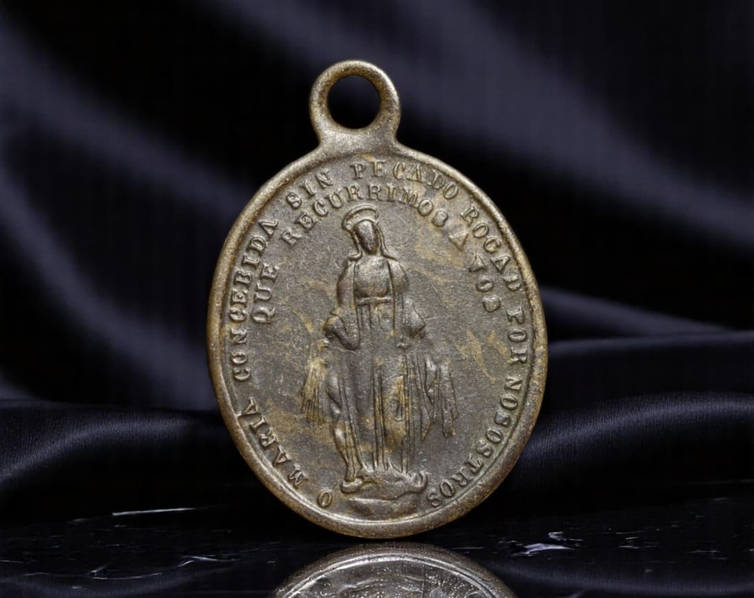 SPAIN: Marian Devotion - Immaculate Conception Religious Medal Coin, c.1850s, 24mm: This 19th-century devotional medal stands as a heartfelt expression of Marian veneration in post-Enlightenment Spain, where Catholic iconography asserted both spiritual identity and national unity. On