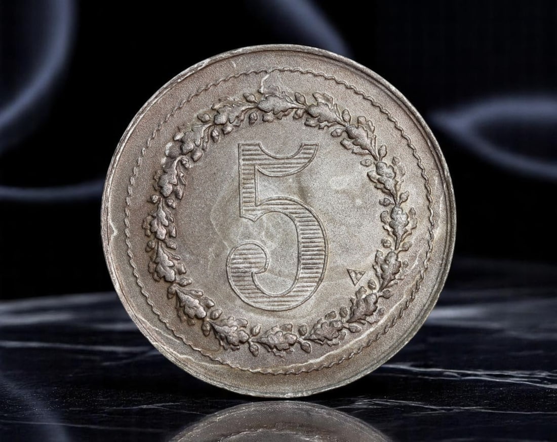 GERMANY: Notgeld Era - Emergency 5 Mark Token Coin (Aluminum), c.1920s, 35mm: Issued during the turbulent post-WWI period of inflation and monetary instability, this uniface aluminum token stands as a minimalist yet compelling artifact from Germany's Notgeld ('emergency money')