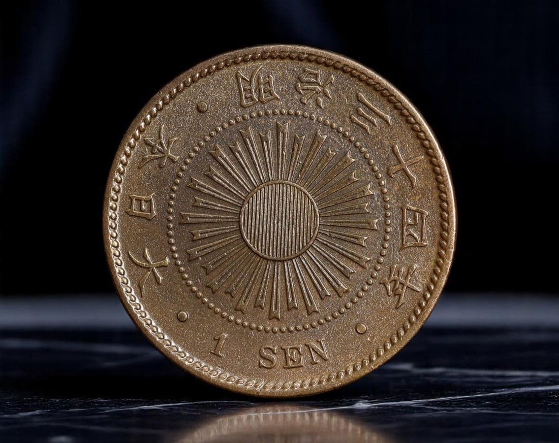 JAPAN: Meiji Empire - Radiant Sunburst 1 Sen Coin, Year 34 (1901), 28mm: Minted in the 34th year of Emperor Meiji's reign, this bronze 1 Sen coin presents a commanding visual language of imperial strength and agricultural prosperity. The obverse features a bold radiating s