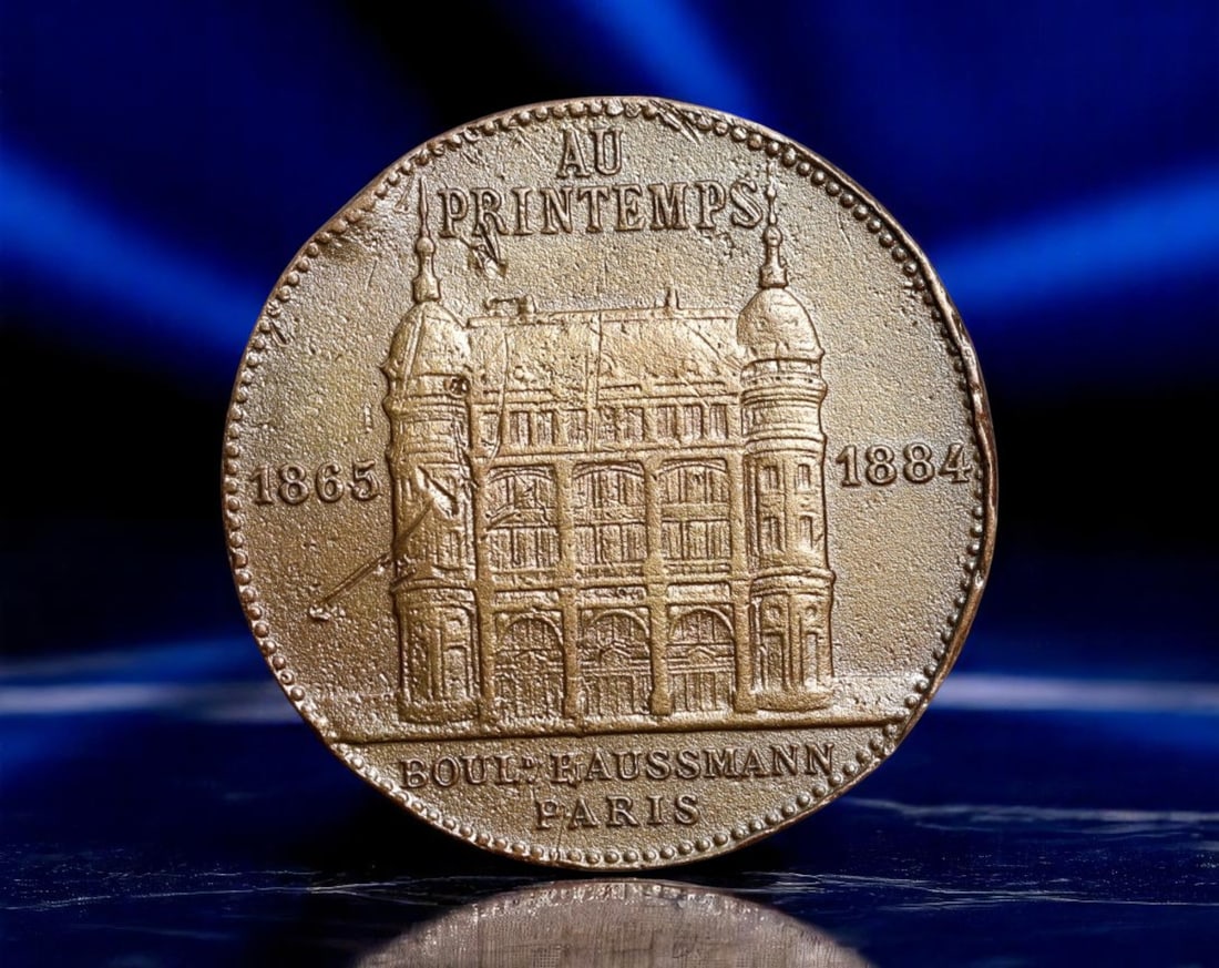 FRANCE: Parisian Commerce - Jules Jaluzot & Au Printemps Department Store Medal, 1884, 29mm: This finely struck commemorative bronze medal celebrates the founding and architectural rebirth of the iconic Au Printemps department store in Paris by Jules Jaluzot. The obverse features a detailed p