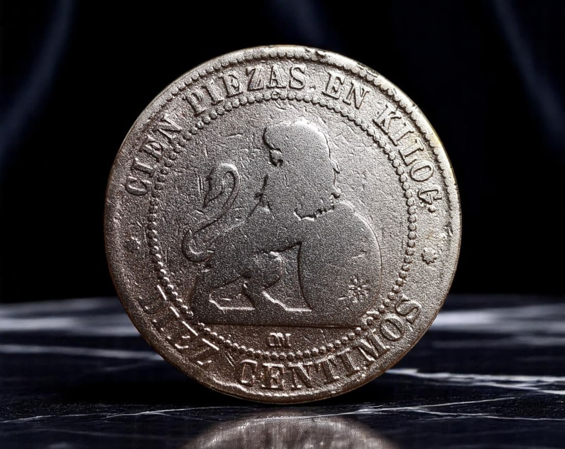 SPAIN: Liberal Allegory - Decimal Transition 5 Centimos Coin, 1870, 30mm (1 of 2)