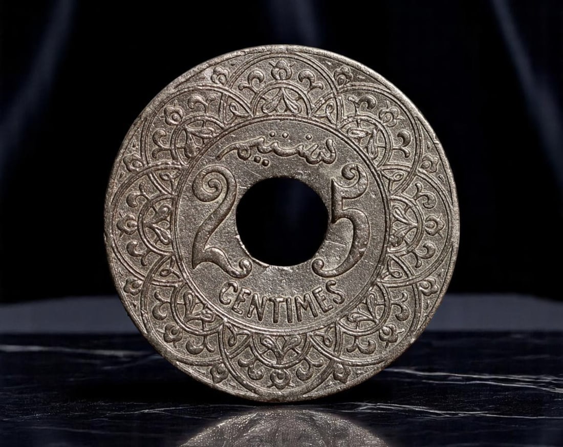 MOROCCO: Empire Cherifien - Moorish Mandala 25 Centimes Coin, 1921 Paris Mint, 24mm: Issued under the symbolic sovereignty of Sultan Moulay Youssef during the French Protectorate era, this 25 Centimes coin from 1921 embodies the Moorish architectural grandeur of the Cherifian Empire. 