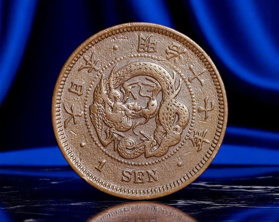 JAPAN: Meiji Era - Dragon & Chrysanthemum 1 Sen Coin, Year 17 (1884), 28mm: Struck in 1884 during the reign of Emperor Meiji, this copper 1 Sen coin features a powerful curled dragon at its center-symbolizing strength, imperial might, and the modernization drive of Meiji Japa