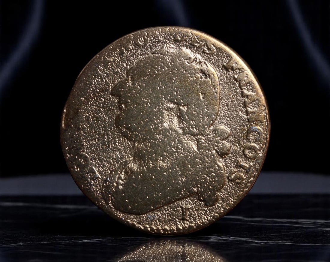 FRANCE: Louis XVI - Revolutionary Bell Metal 12 Deniers 'FRAN?OIS' Coin, 1793 Saumur Mint, 28mm: Issued during one of the most turbulent years in French history, this 12 Deniers coin from 1793 captures the paradox of monarchy and revolution. Known as the 'type Fran?ois,' the obverse features the 