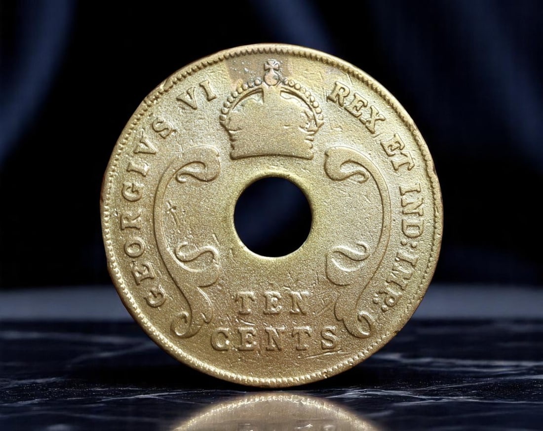 EAST AFRICA: George VI - Wartime Crowned 10 Cents Coin, 1941 (31mm): Issued in 1941 during the height of World War II, this 10 Cents coin from British-administered East Africa reflects both colonial legacy and practical design. The obverse features the crowned cipher o
