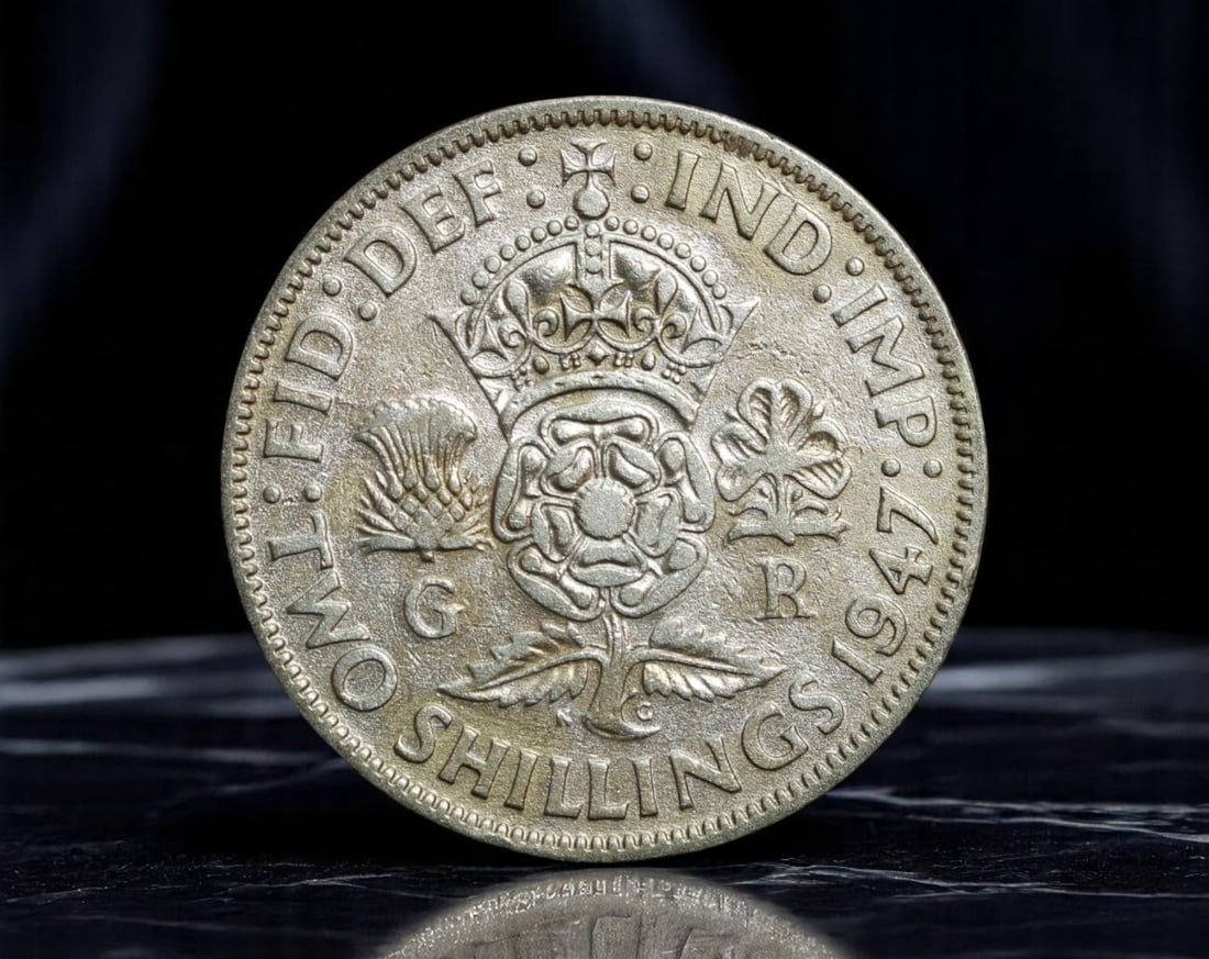 UNITED KINGDOM: George VI - English Crest 1 Shilling Coin, 1947 R (28mm): Issued shortly after World War II, this 1 Shilling coin from 1947 features the crowned English rose flanked by a Scottish thistle and Irish shamrock, symbolizing unity across Britain's kingdoms under 