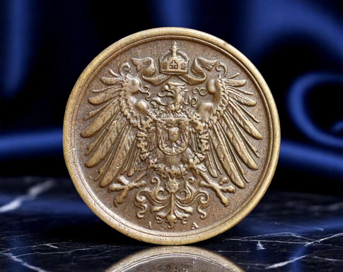 GERMANY: Imperial Eagle - Deutsches Reich 2 Pfennig Coin, 1907 A, 20mm: Struck during the high imperial era of Kaiser Wilhelm II, this 2 Pfennig coin from 1907 radiates the pride and hierarchical might of the German Empire. At its center is the crowned imperial eagle-wing