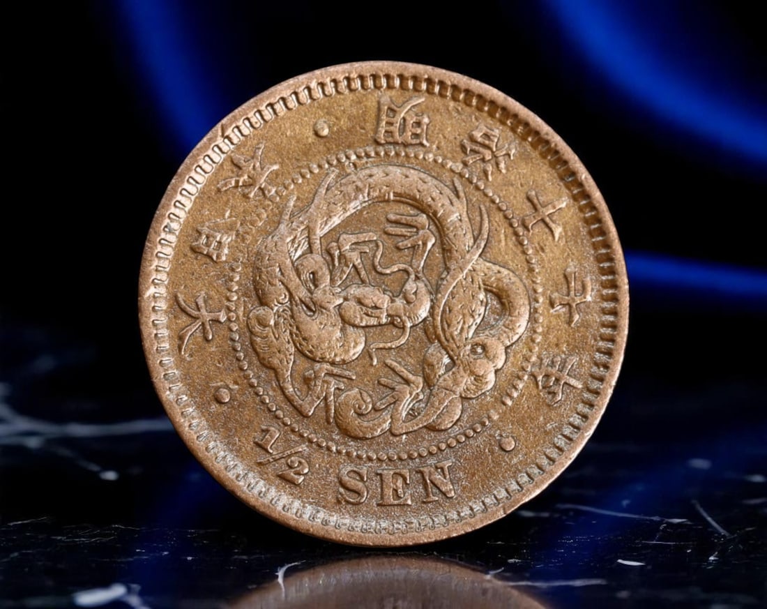 JAPAN/MEIJI ERA: Imperial Dragon - Chrysanthemum Crest 1/2 Sen Coin, Year 17 (1884), 22mm: Struck in 1884, during the height of Emperor Meiji's campaign for modernization, this 1/2 Sen coin features the iconic imperial dragon in fierce, coiled motion-an enduring symbol of dynastic power and
