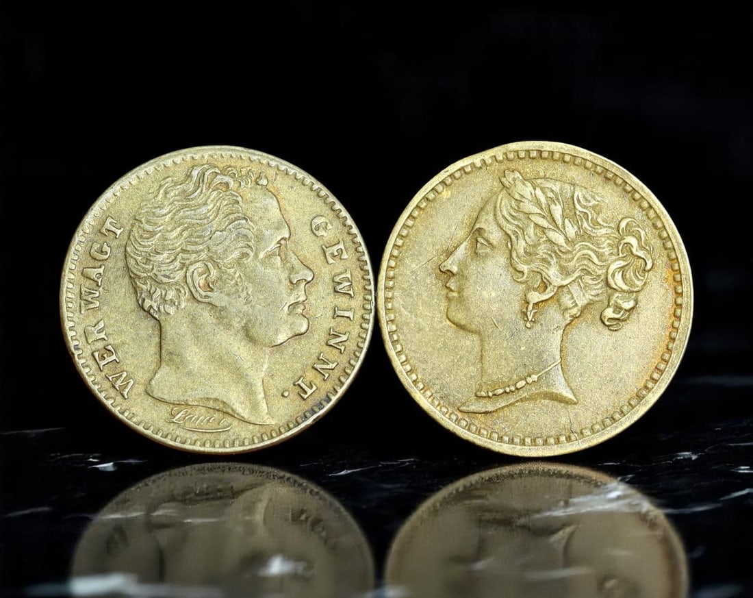 GERMANY: Spielpfennig - Gaming Tokens, ca. Late 19th Century (17mm, Pair): A charming matched pair of late 19th-century German Spielpfennige, these miniature brass gaming tokens feature neoclassical busts on the obverse-one male with the inscription WER WAGT GEWINNT ('Who Da