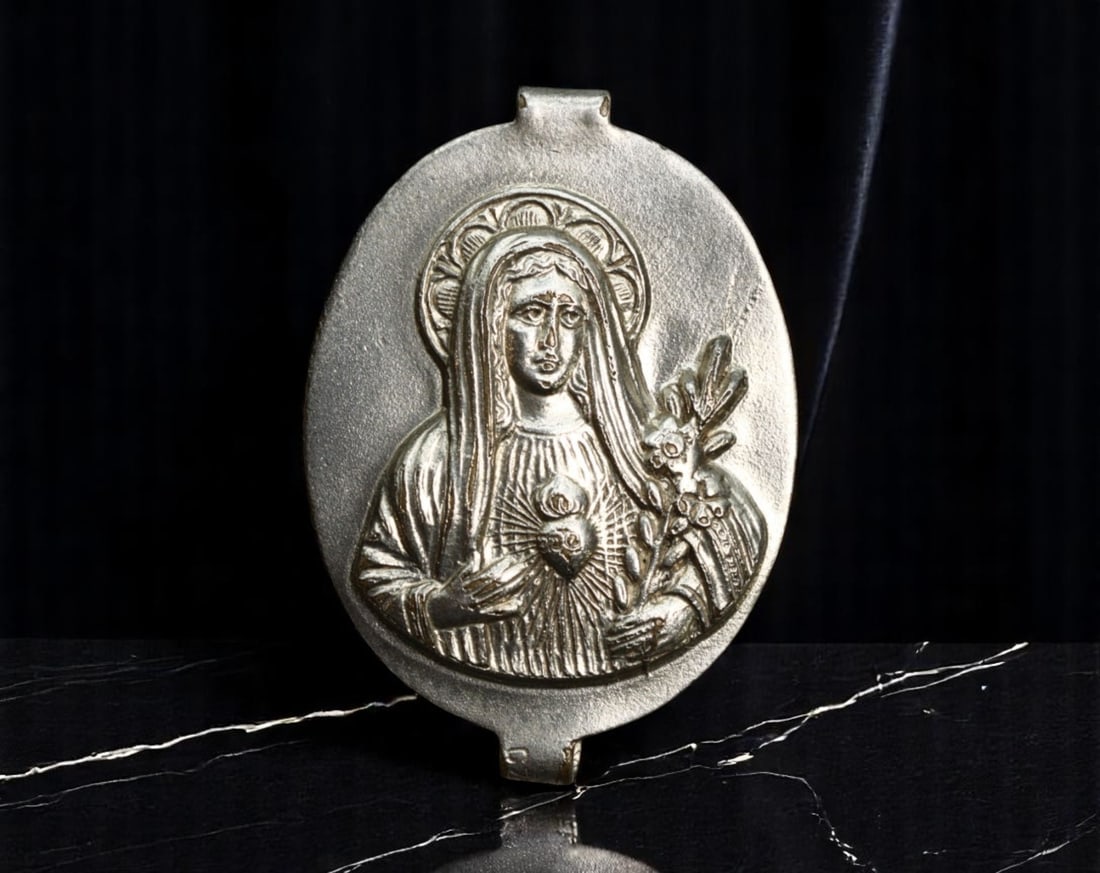 CZECHOSLOVAKIA: Marian Devotion - Immaculate Heart of Mary Silver Devotional Medal, c.1930s, 27mm (1 of 2)