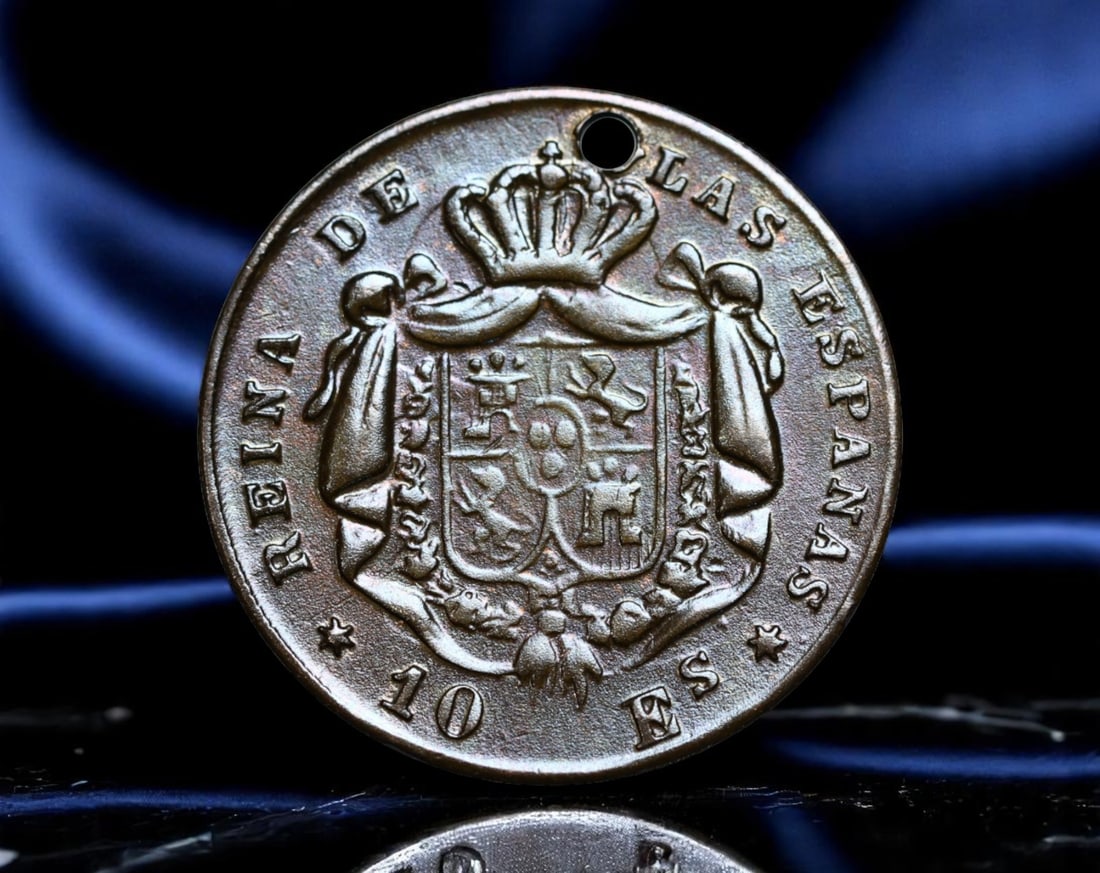 SPAIN: Isabel II - Royal Arms of Las Espanas 10 Centimos Coin, 1868, 24mm (1 of 2)