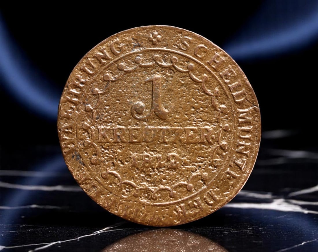 AUSTRIA: Francis I - War Currency Reform 1 Kreuzer Coin, 1812, 24mm: Struck during the height of Austria's financial and military upheaval, this 1812 1 Kreuzer coin embodies the state's desperate yet resilient economic strategies. The stern profile of Emperor Francis I