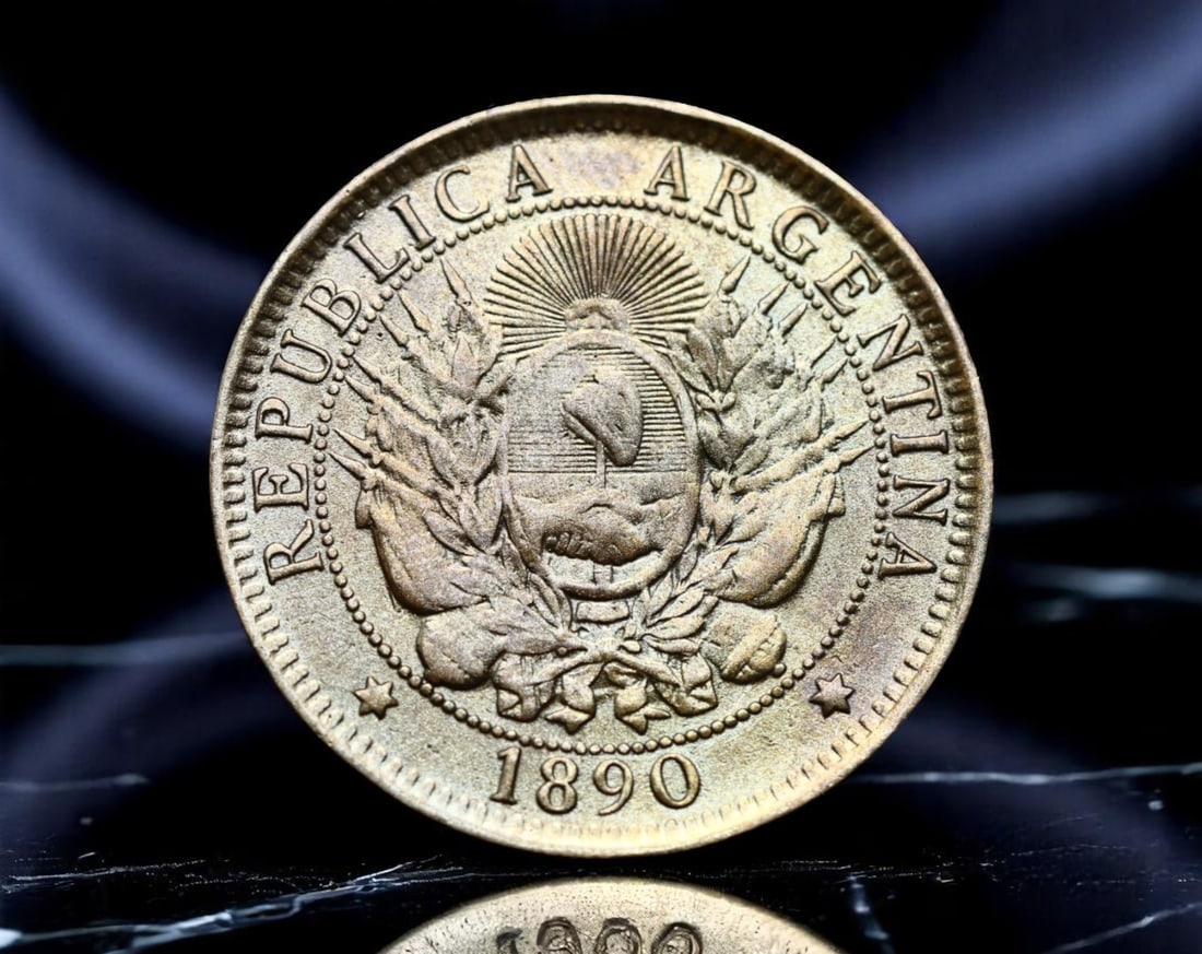ARGENTINA: Libertad - National Unity Dos Centavos Coin, 1890, 30mm: Struck during a turbulent era of national reorganization, this 1890 Dos Centavos coin beautifully encapsulates Argentina's ideals of liberty and unity. The obverse proudly features the radiant nationa
