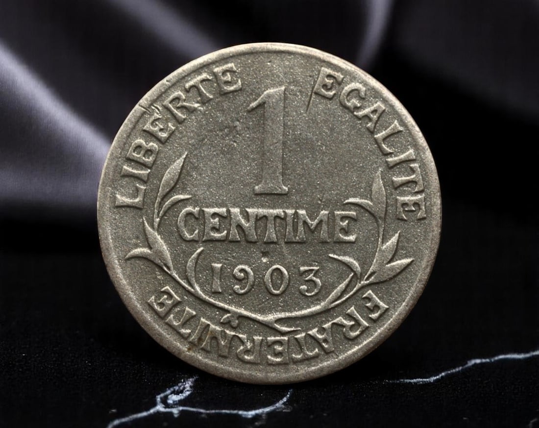 FRANCE/THIRD REPUBLIC: Republican Virtue - Liberty Wreath 1 Centime Coin, 1903, 15mm: Minted at the dawn of the 20th century, this 1903 French 1 Centime coin from the Third Republic stands as a quiet yet resolute tribute to civic ideals rooted in revolutionary heritage. The obverse bea