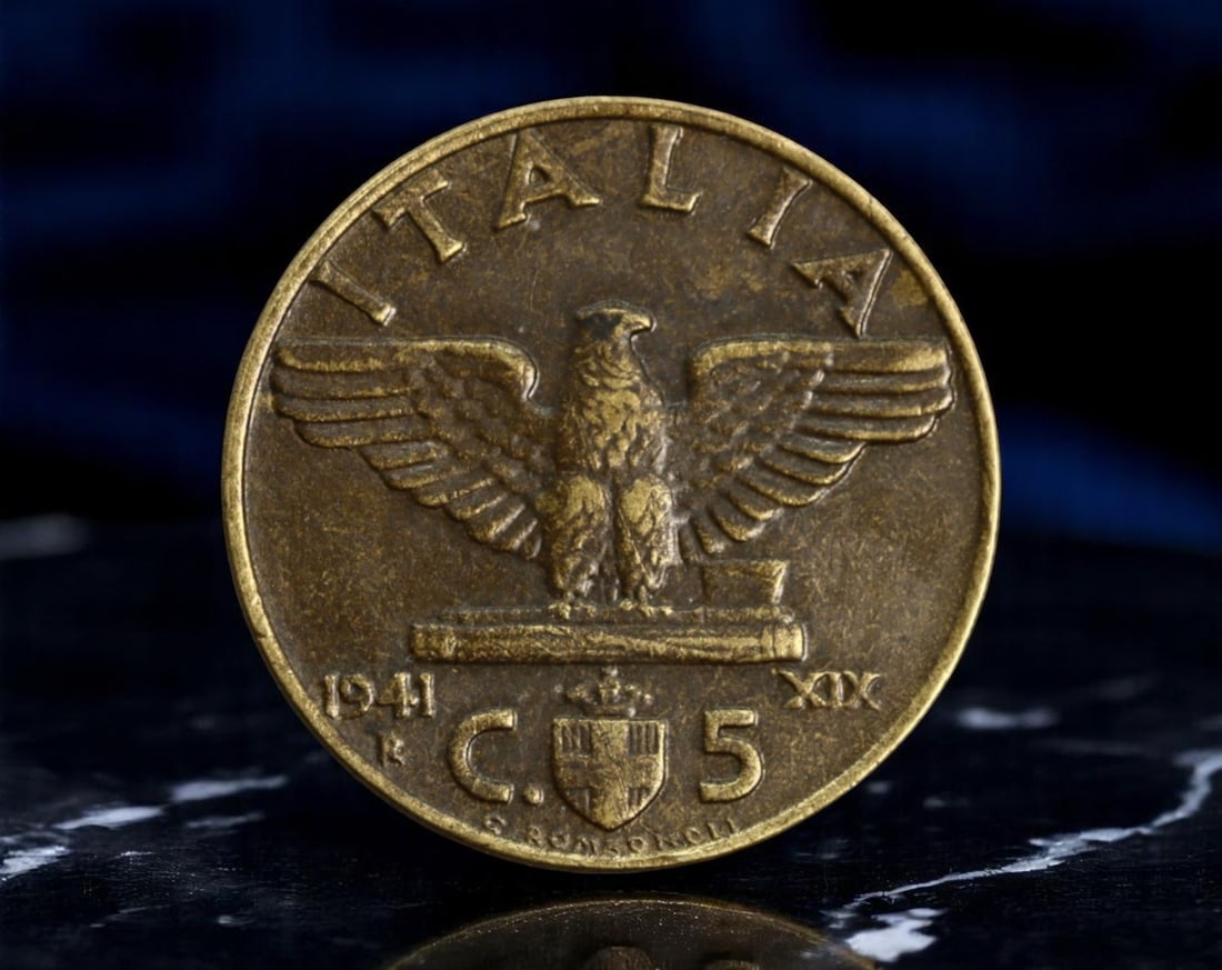 ITALY: Fascist Empire - Victor Emmanuel III & Roman Eagle 5 Centesimi Coin, 1941 R, 19mm (1 of 2)