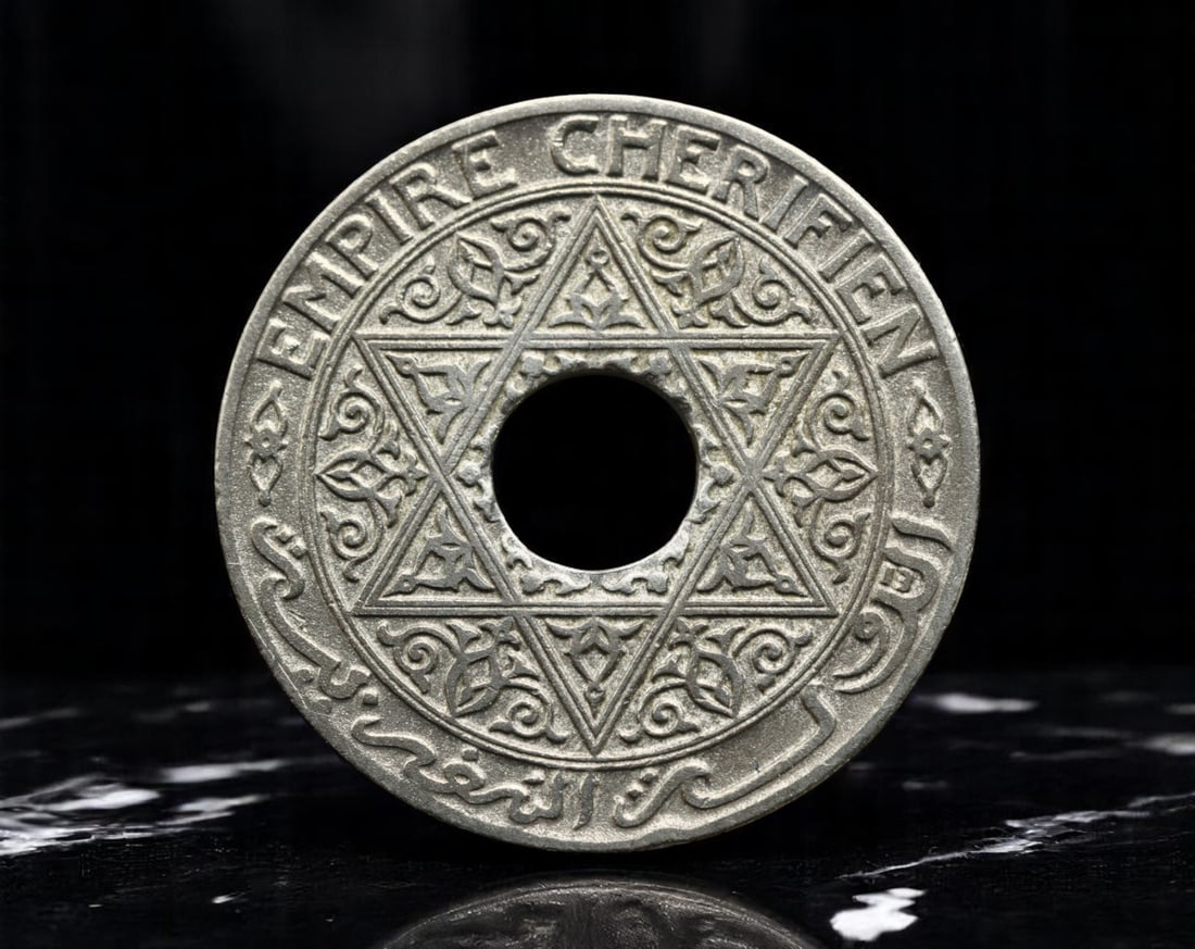 MOROCCO/FRENCH PROTECTORATE: Sultan Yusef - Imperial Gateway 25 Centimes Coin, 1921, 24mm: Struck during the French protectorate under Sultan Yusef's reign, this 25 centimes coin from 1921 embodies a fusion of Islamic artistry and European colonial power. The obverse features a bold six-poi