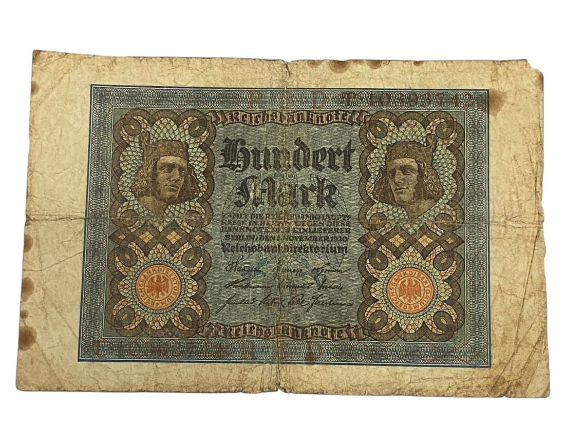 GERMANY/WEIMAR REPUBLIC: Rebuilding Order - 100 Mark Banknote, 1920 Berlin, 16x11cm (1 of 2)