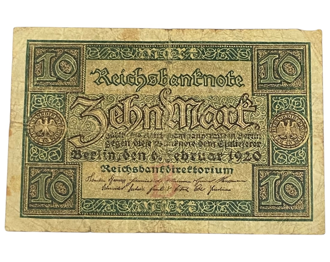 GERMANY/WEIMAR ERA: Transitional Stability - Reichsbanknote 10 Mark Banknote, 1920 Berlin, 12x8cm (1 of 2)