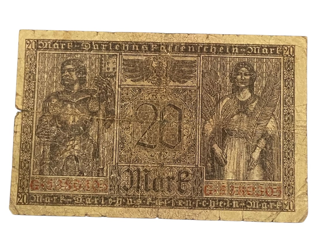 GERMANY/WWI ERA: Martial Virtue & National Valor - 20 Mark War Loan Note, 1918 Berlin, 14x9cm (1 of 2)