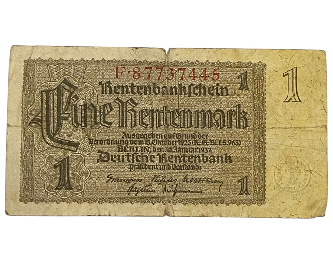 GERMANY/INTERWAR ERA: Economic Stabilization - Rentenmark 1 Mark Banknote, 1937 Berlin, 120x60mm (1 of 2)