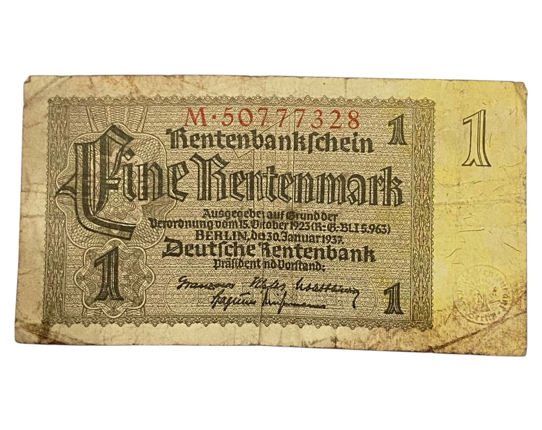 GERMANY/WEIMAR ERA: Stabilization Period - 1 Rentenmark Land-Backed Currency Note, 30 January 1937,: This 1 Rentenmark note, issued in 1937, encapsulates the economic resolve of post-hyperinflation Germany, when trust in currency had to be painstakingly rebuilt. Designed in stately gothic typography 