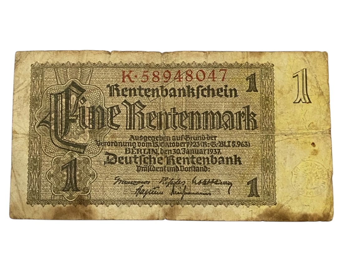 GERMANY/WEIMAR ERA: Post-Inflation Reform - 1 Rentenmark Stabilization Note, 30 January 1937, 12x6cm: A modest denomination with monumental significance, this 1 Rentenmark note from 1937 embodies Germany's desperate yet determined efforts to restore monetary credibility after the hyperinflation of the