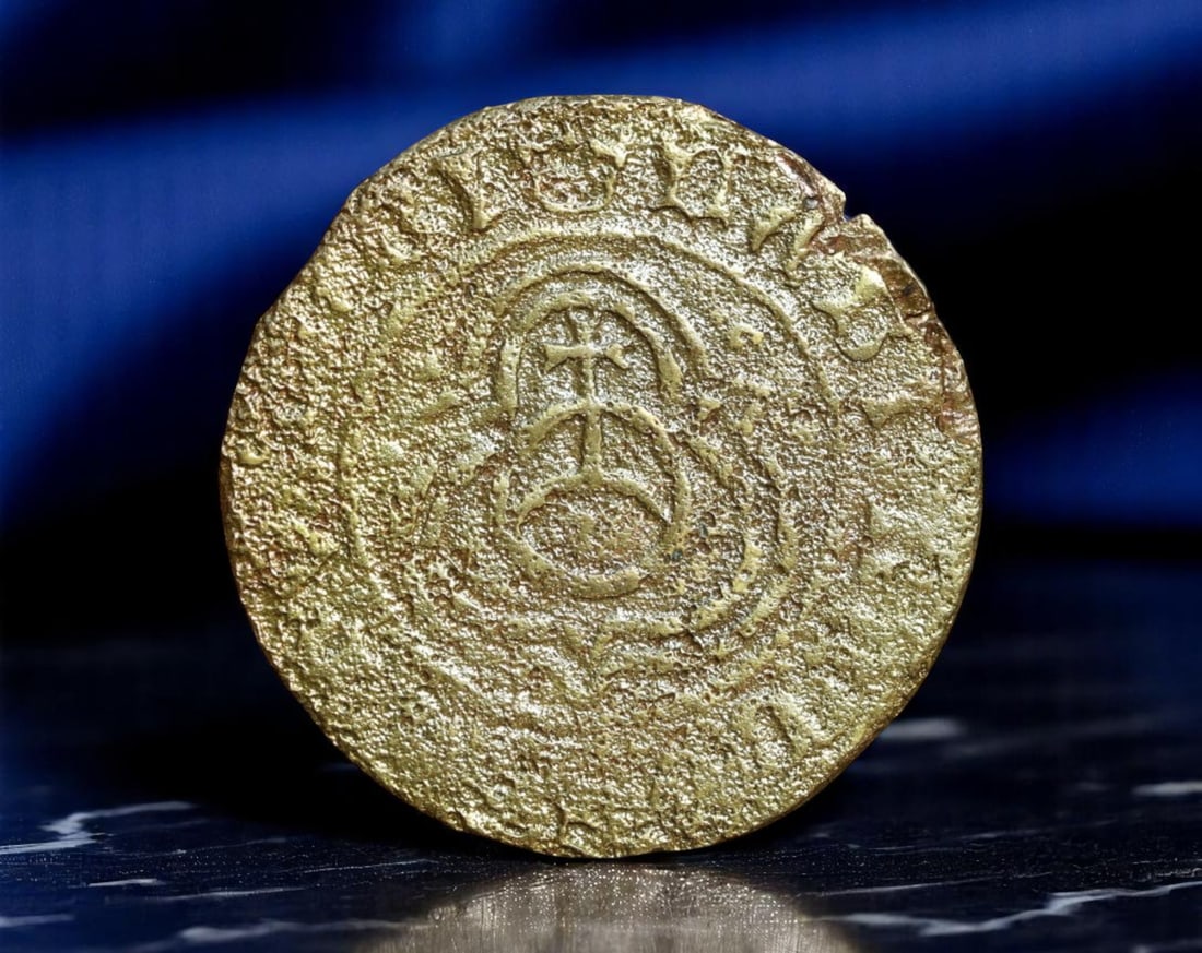 GERMANY/NUREMBERG: Sacred Monogram - Nuremberg Jeton, ca. 16th Century, 24mm: Struck in the flourishing Renaissance city of Nuremberg, this 24mm brass jeton displays a bold Christogram motif-symbolizing the name of Jesus-encircled by concentric inscriptions in Latin Gothic scri