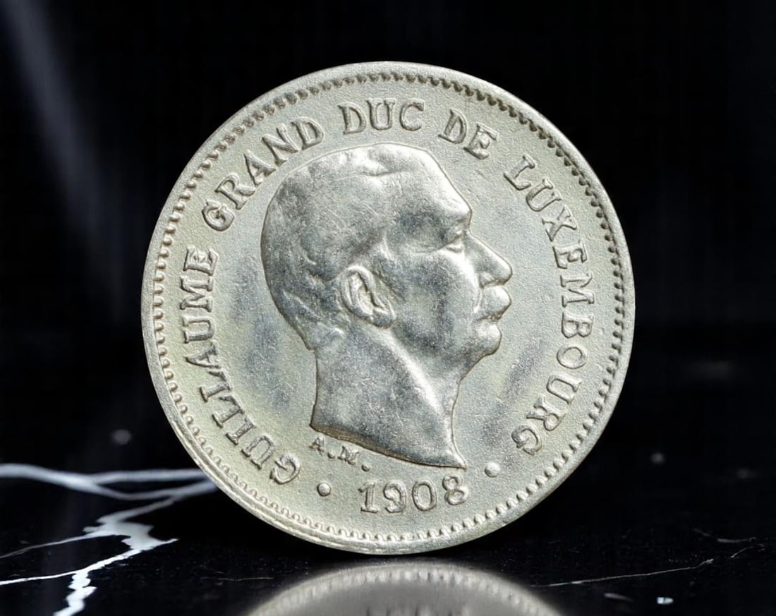 LUXEMBOURG: Guillaume IV - Civic Stability 5 Centimes Coin, 1908, 17mm: Issued during the reign of Grand Duke Guillaume IV, this 5 Centimes coin from 1908 serves as a refined emblem of national continuity and principled governance within a constitutional monarchy. The obv