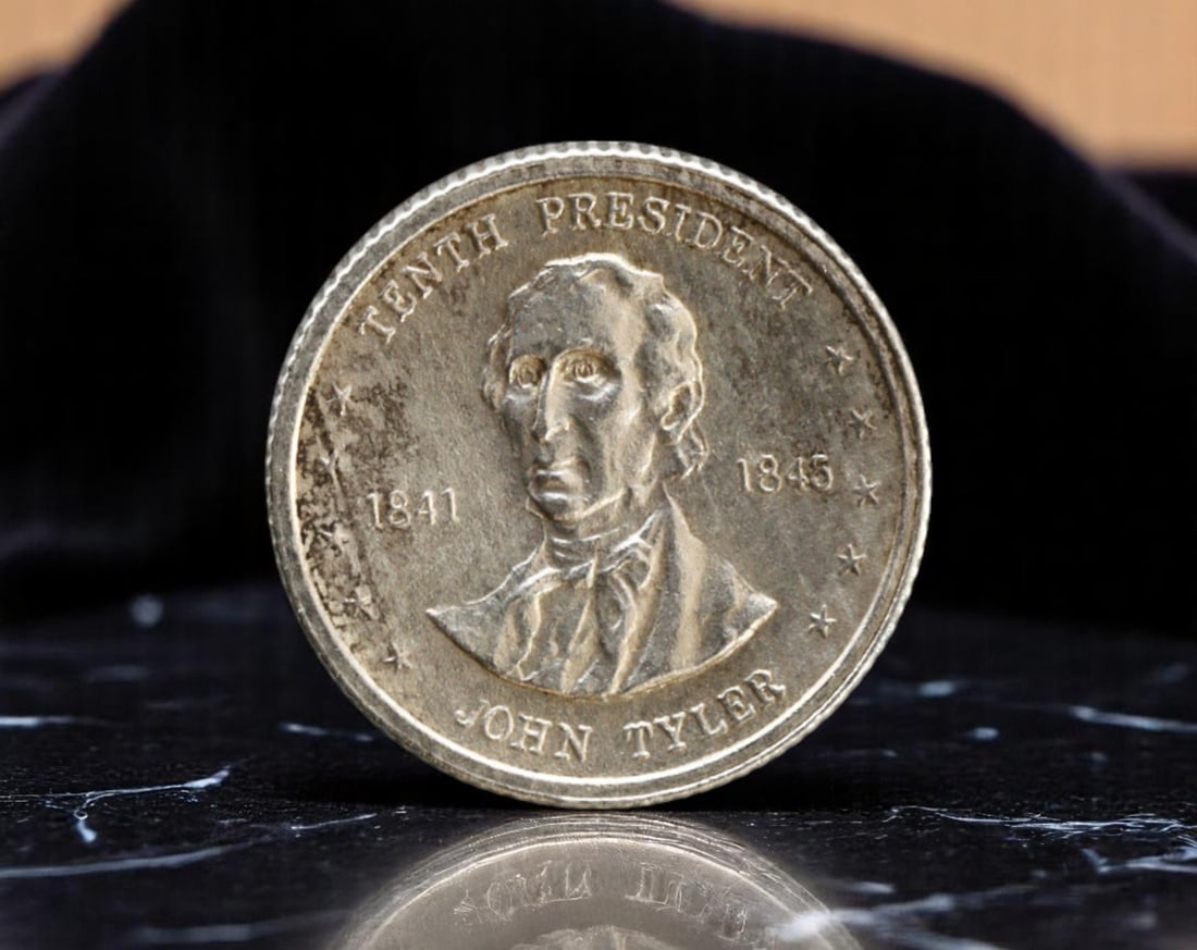 FRANKLIN MINT: United States Presidential - John Tyler Miniature Commemorative Coin, 10mm: This delicate 10mm Franklin Mint miniature coin pays homage to John Tyler, the 10th President of the United States (1841-1845). Tyler became the first vice president to succeed to the presidency upon 