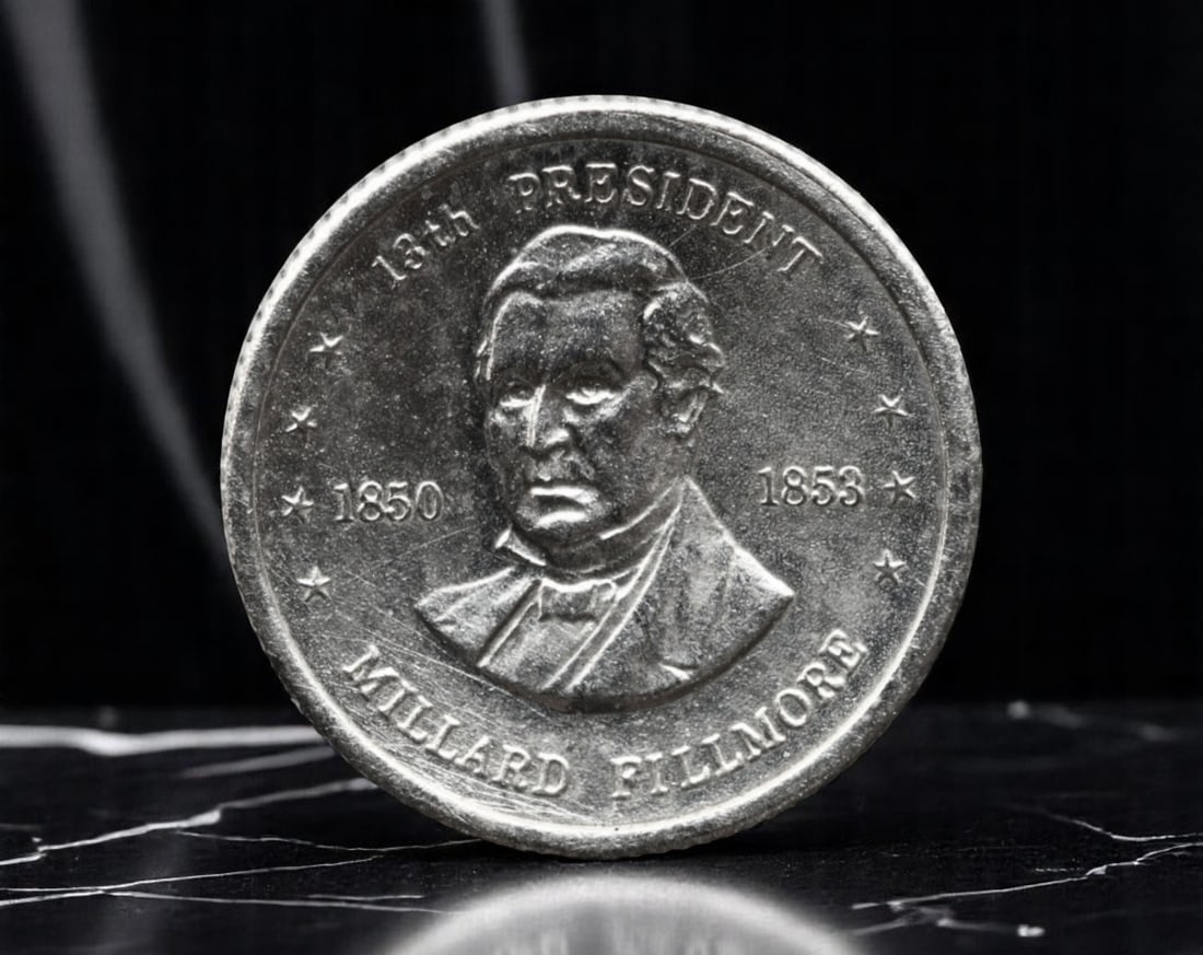 FRANKLIN MINT: Millard Fillmore - Compromise Presidency Miniature Silver Coin, 1850-1853, USA, 10mm: This Franklin Mint miniature silver coin honors Millard Fillmore, the 13th President of the United States, whose brief administration stood at the crossroads of rising sectional tensions. His engraved