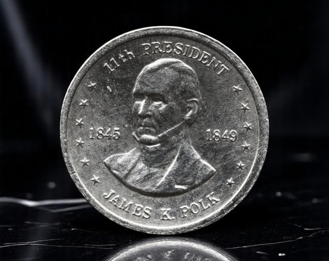 FRANKLIN MINT: James K. Polk - Manifest Destiny Miniature Silver Coin, 1845-1849, USA, 10mm: This expertly minted 10mm silver coin by the Franklin Mint honors James K. Polk, the 11th President of the United States and the leader most associated with the ideology of Manifest Destiny. The obver