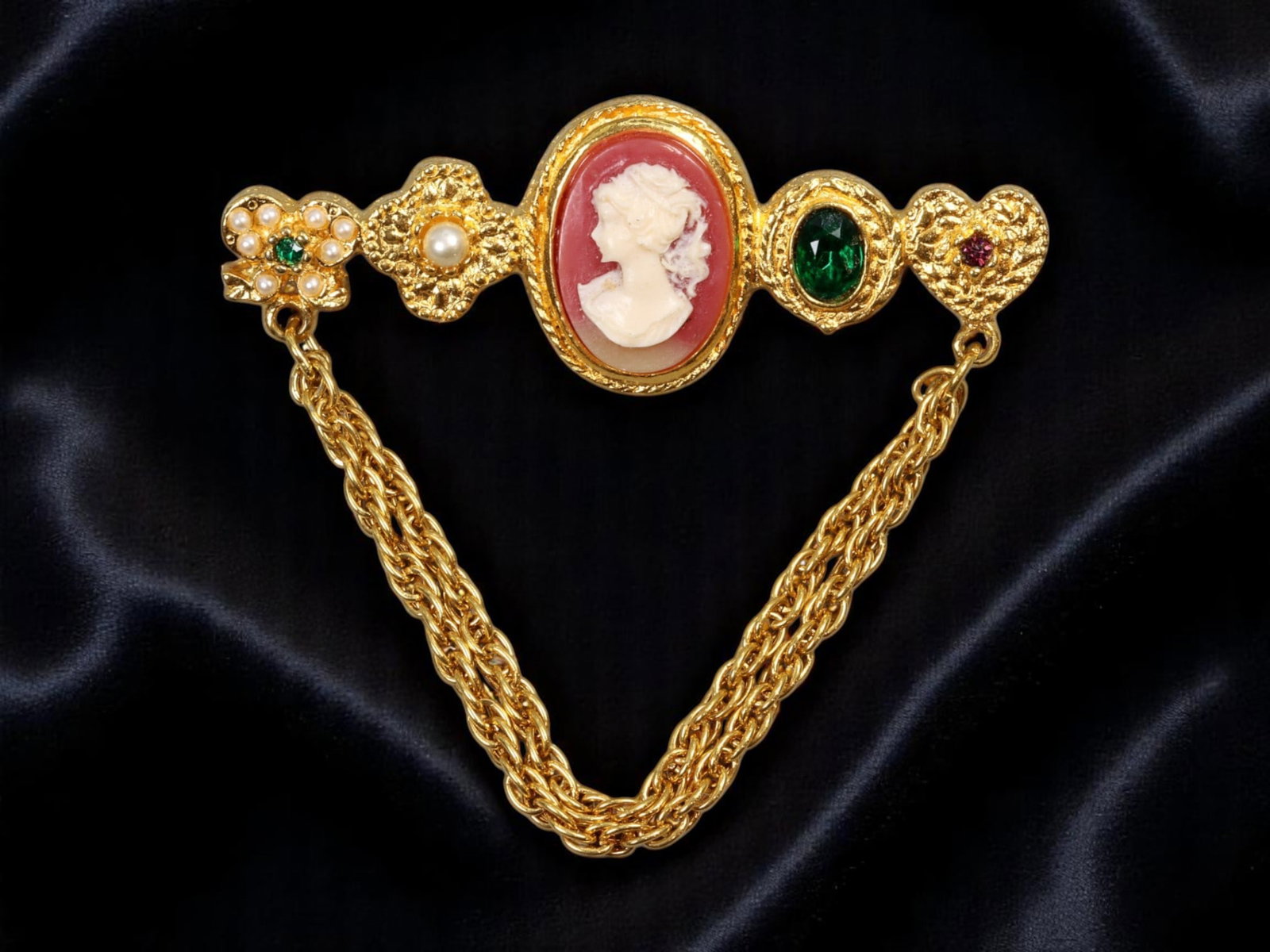 MAXINE DENKER CAMEO-STYLE Chain Brooch - Mixed Motif Assemblage (6.5 cm, Signed USA) (1 of 3)