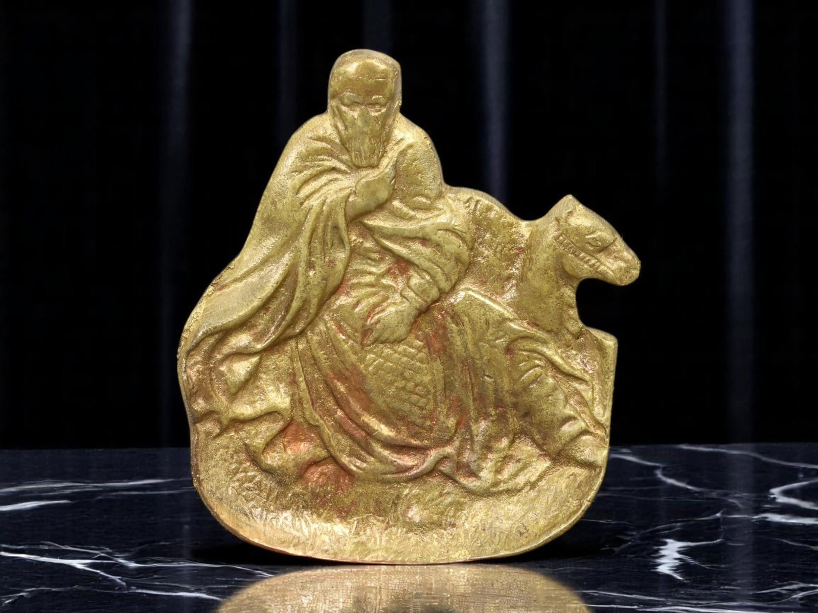 DAMASCUS CAST BRASS Relief Plaque - Seated Figure with Animal (10.8 cm, Signed) (1 of 3)