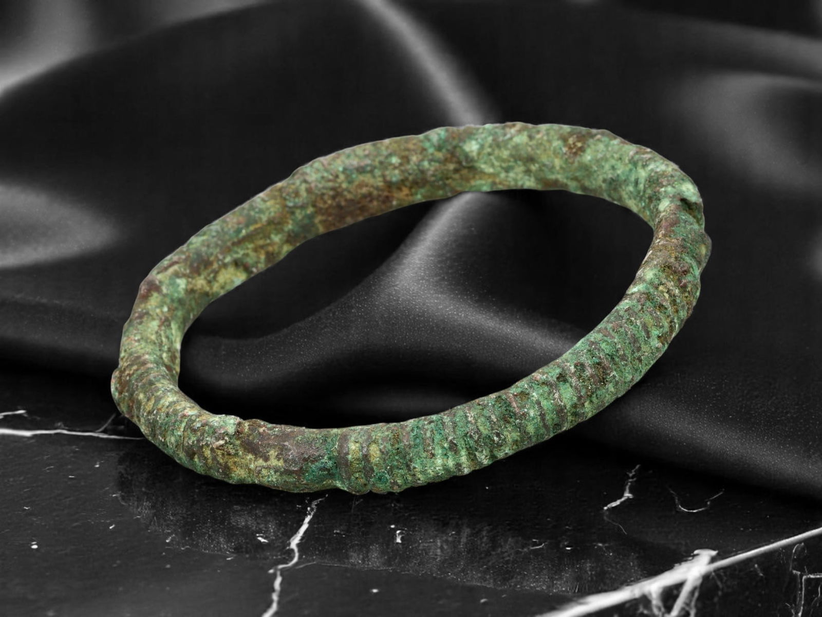 CELTIC Proto-Ring Currency Bracelet - Ridged Bronze Band, Deep Green Patina, 7.5 cm (1 of 1)