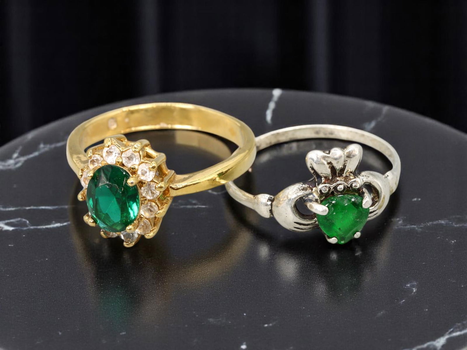 VINTAGE RING DUO - Emerald-Like Stones, Cluster & Claddagh Motifs, Goldtone & Silvertone, 7.5-8 US (1 of 1)
