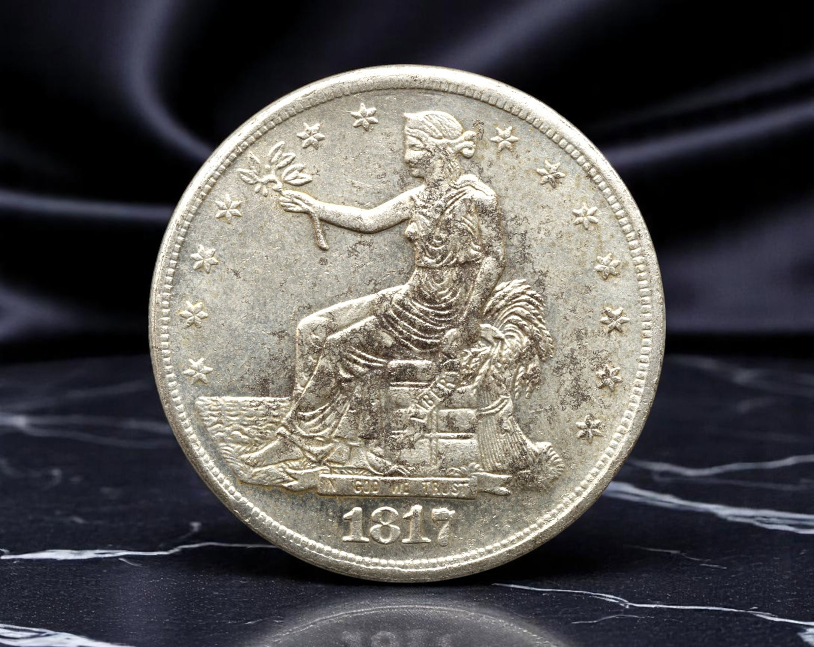 UNITED STATES: Liberty and Commerce - Trade Dollar Tribute Coin (Modern Striking), 1817 Style, 37mm: This modern reissue honors the enduring legacy of the 1817 Trade Dollar, a coin originally born from the United States' ambition to assert its economic presence in Asia. Liberty is shown seated on a b